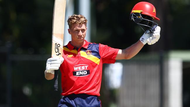 Nathan McSweeney celebrates 100 runs for South Australia against Queensland (Photo by Chris Hyde/Getty Images)