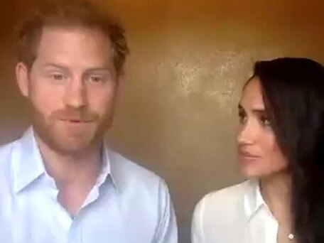 Prince Harry and Meghan Markle on Zoom call with young leaders. Picture: Queen's Commonwealth Trust