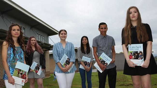 Alysha McLennan, Katrina Sepping, Alexandra Garcia, Elline Guerrero, Shane Muscat and Ashlee Ward were the among the top performers for the 2015 HSC at St John Paul II Catholic College, Quakers Hill. Picture: Carmela Roche