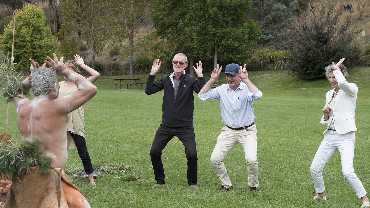 Launceston Mayor Albert Van Zetten, Tasmanian Premier Peter Gutwein and Governor Kate Warner take part in a Emu dance with traditional Aboriginal dancers at the Takana Waranta Cultural Day in Launceston. Picture: Chris Crerar