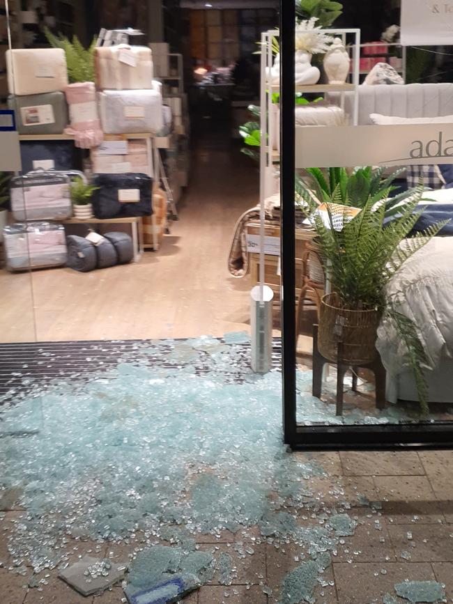 The aftermath of damage to one of the shops at Brisbane St Mall in Launceston.