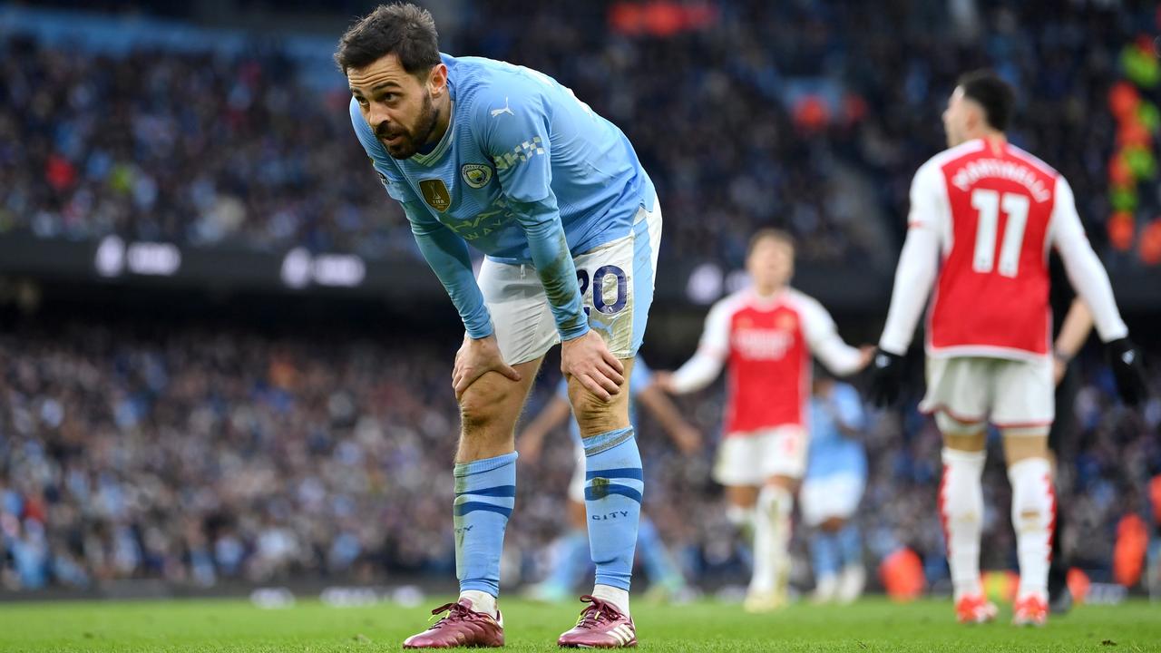 MANCHESTER, ENGLAND – MARCH 31: Bernardo Silva of Manchester City reacts during the Premier League match between Manchester City and Arsenal FC at Etihad Stadium on March 31, 2024 in Manchester, England. (Photo by Justin Setterfield/Getty Images) (Photo by Justin Setterfield/Getty Images)