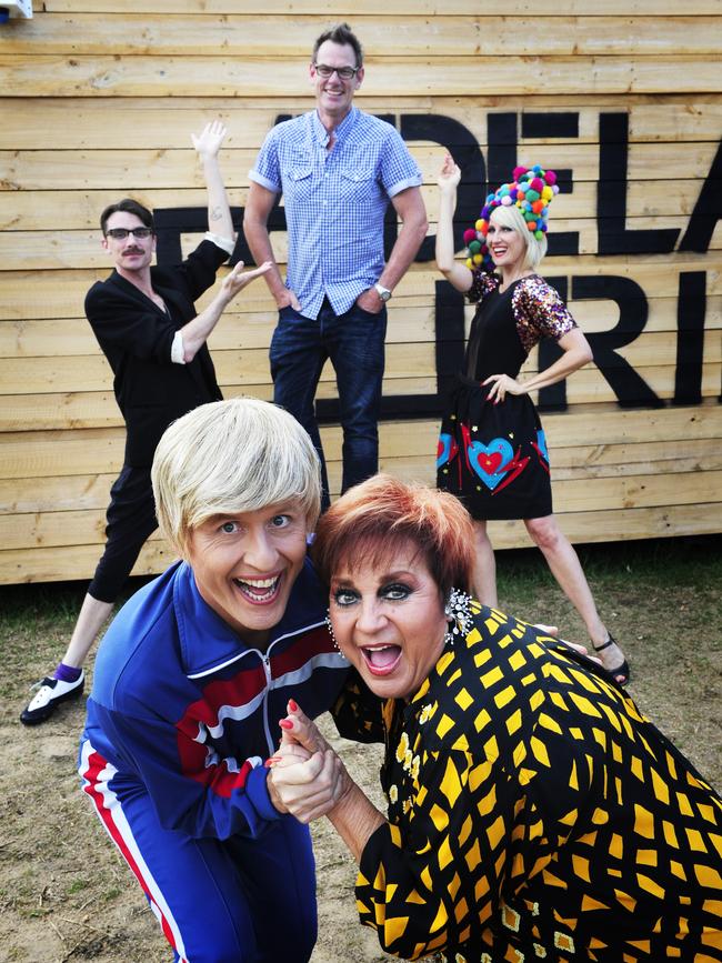 2012: Willsy and Bob Downe with Adelaide Fringe director Greg Clarke, centre, and Fringe performers Uta and George (Georgina Symes and Nic Dorward) from Uta Uber Kool Ja.