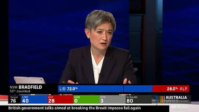 Penny Wong on the ABC’s 2019 election Night coverage on May 18. Picture: ABC