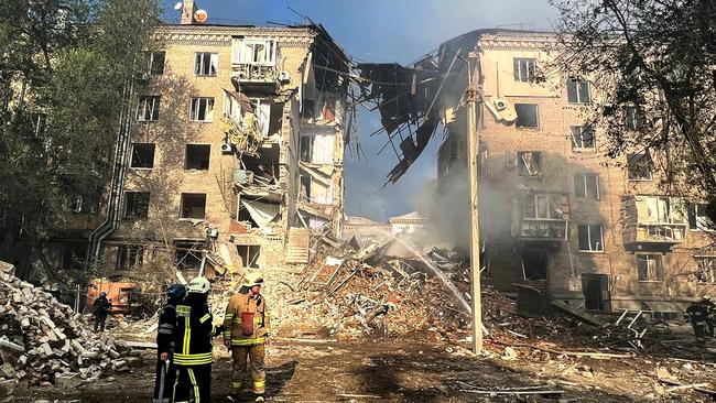 A residential building damaged after a strike on Zaporizhzhia, amid the Russian invasion of Ukraine.