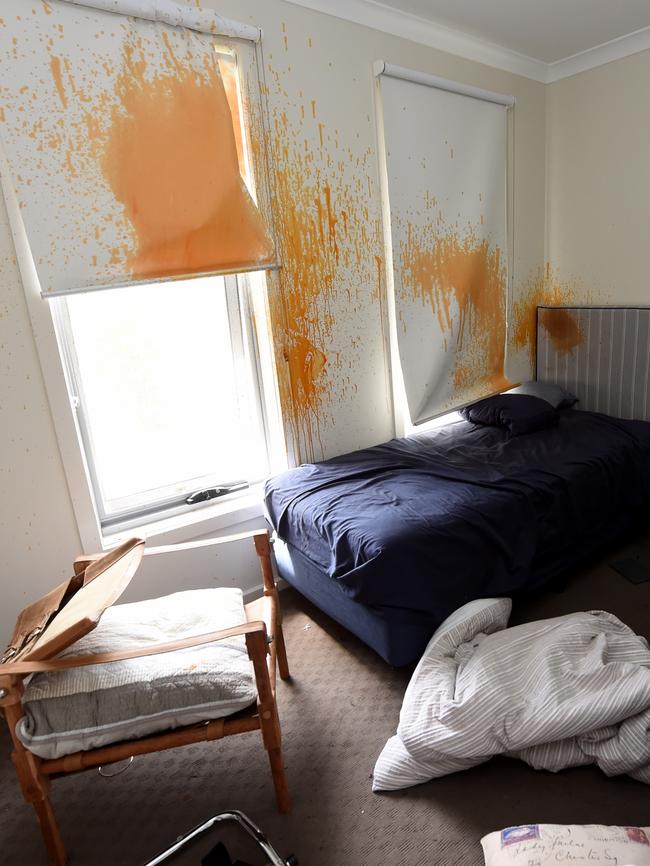 Orange marks on the walls and blinds from the pepper spray police used in Werribee house. Picture: Nicole Garmston