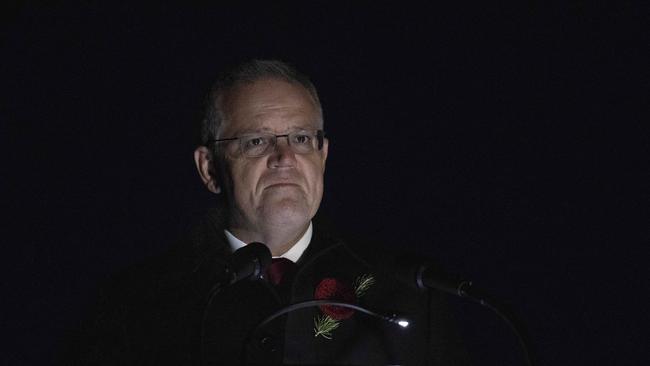 Prime Minister Scott Morrison delivered a solemn speech at the dawn service at the Australian War Memorial in Canberra. Picture: NCA NewsWire / Gary Ramage