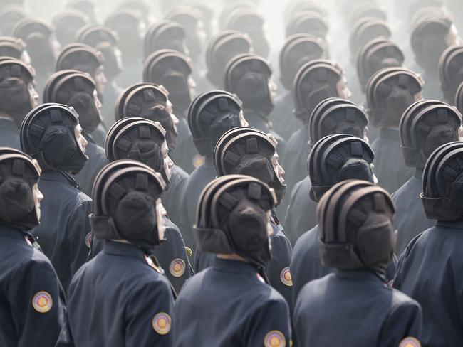 Soldiers march across Kim Il Sung Square during a military parade in Pyongyang, North Korea. Picture: AFP
