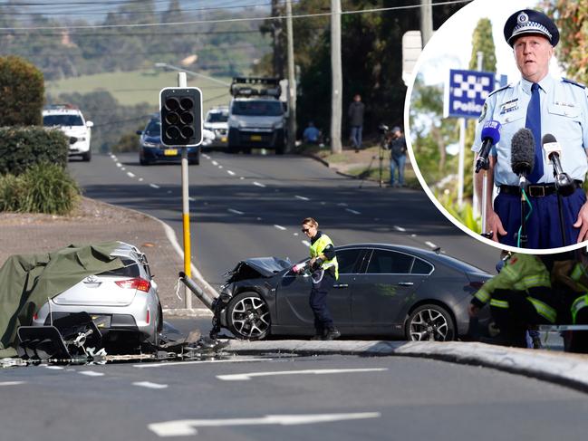 NSW Police Assistant Commissioner Gavin Wood (inset) speaks to the media on October 22, 2024, about a fatal crash on the Great Western Highway. Pictures: Richard Dobson