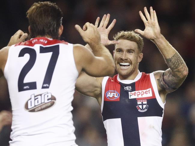 Dean Kent of the Saints (right) celebrates a goal. Picture: AAP Image/Daniel Pockett