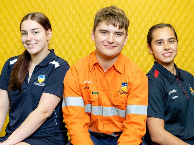 Students Esther Norsgaard, Jack Boonstoppel and Astra Shewood at Australian Industry Trade College, Spring Hill, Wednesday, May 3, 2023 - Picture: Richard Walker