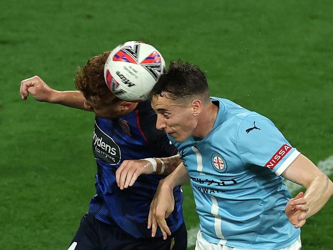 MELBOURNE, AUSTRALIA - MARCH 12: Max Caputo of Melbourne City attempts a shot on goal during the round 14 A-League Men match between Melbourne City and Newcastle Jets at AAMI Park, on March 12, 2025, in Melbourne, Australia. (Photo by Robert Cianflone/Getty Images)