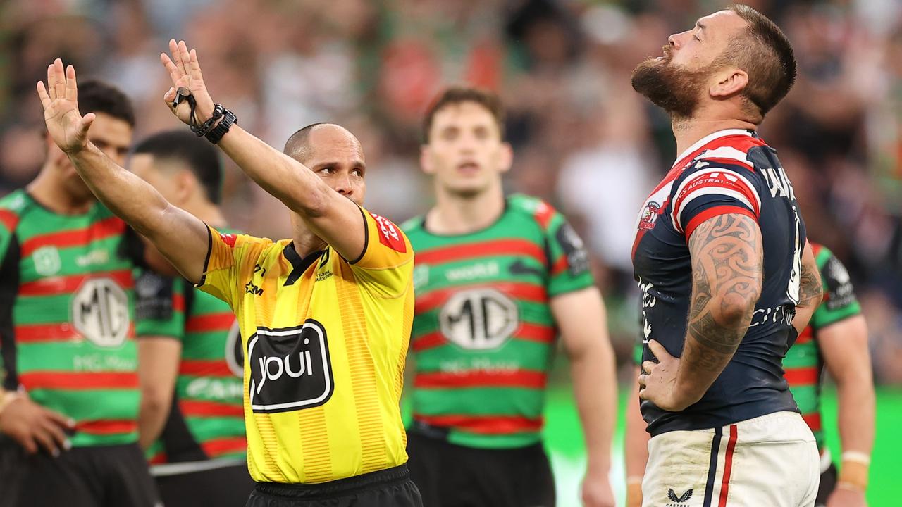 Jared Waerea-Hargreaves reacts after been sent to the sin bin by referee Ashley Klein. Picture: Getty Images