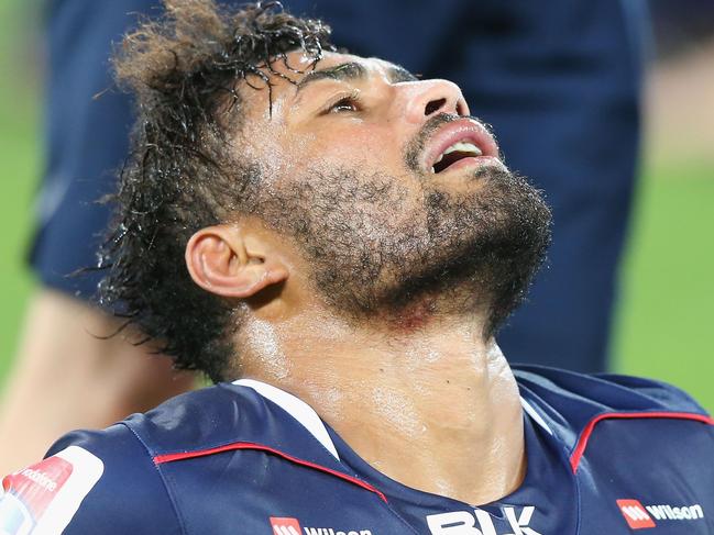 MELBOURNE, AUSTRALIA - MARCH 24: Amanaki Mafi of the Rebels reacts after defeat during the round five Super Rugby match between the Rebels and the Waratahs at AAMI Park on March 24, 2017 in Melbourne, Australia. (Photo by Michael Dodge/Getty Images)