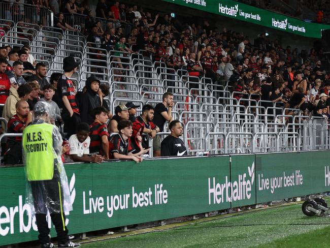 An empty Wanderers supporter bay is seen after fans walked out during the first half. The cause of the walkout is being investigated. Picture: Getty Images