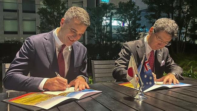 Premier Peter Malinauskas and a Mitsubishi representative sign a hydrogen statement of co-operation in Japan in October, 2022. Picture: Facebook