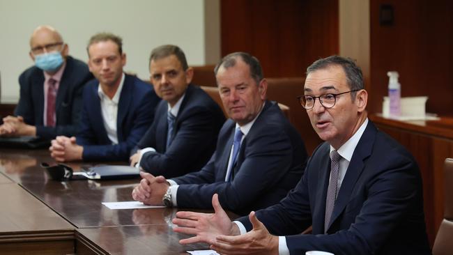 David Speirs (second from left), Nick McBride, Tim Whetstone and Steven Marshall during the Liberal Party leadership ballot at Parliament House. Picture: NCA NewsWire / David Mariuz