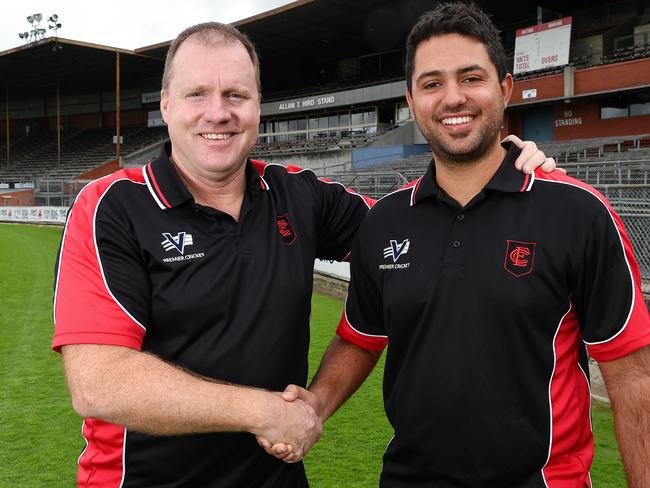 Essendon Cricket Club president Simon Tobin and coach Mitch Johnstone at Windy Hill. Picture: Josie Hayden