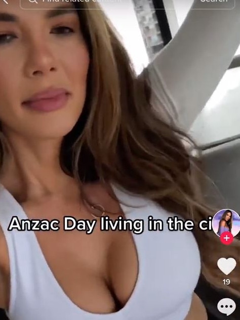 Sydney beauty influencer Amy Castano dances to It's A Long Way To Tipperary during Anzac Day March.