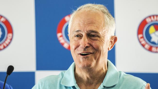 Prime Minister Malcolm Turnbull slammed the Andrews government while speaking at the North Bondi Surf Life Saving Club. Picture: Jenny Evans