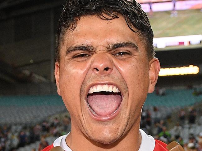 Latrell Mitchell of the Roosters celebrates following their win in the 2019 NRL Grand Final between the Canberra Raiders and the Sydney Roosters at ANZ Stadium in Sydney, Sunday, October 6, 2019. (AAP Image/Dan Himbrechts) NO ARCHIVING, EDITORIAL USE ONLY