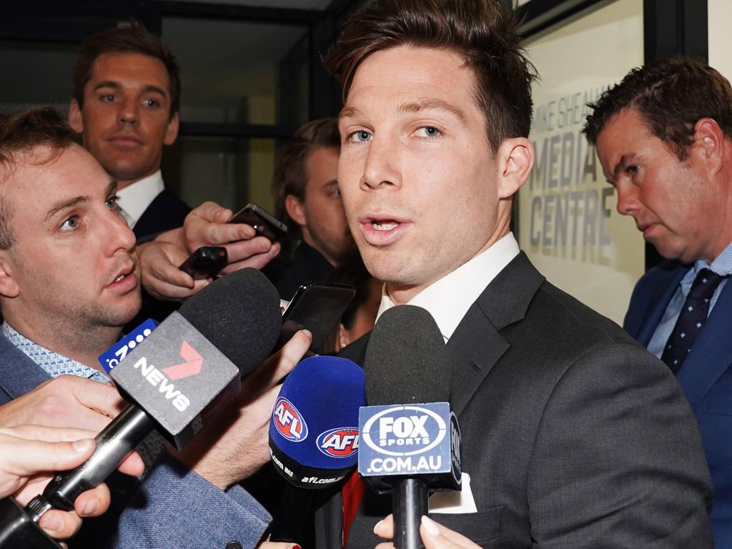 Toby Greene fronts the media after his suspension was handed down.