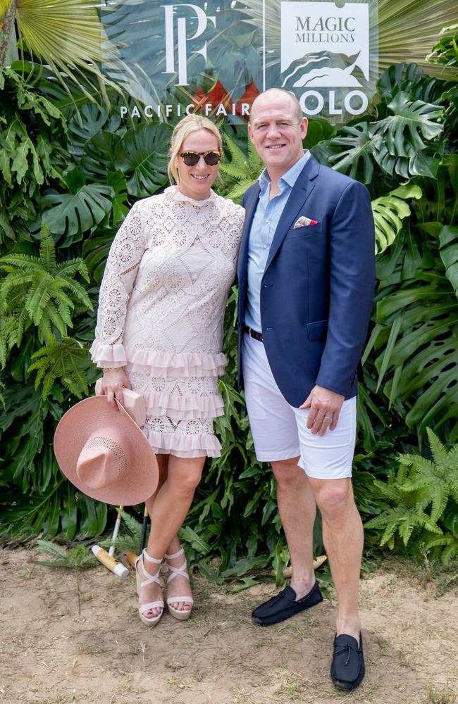 Zara Tindall, with husband Mike Tindall, wearing the $399.95 “Scarlett” dress by Brisbane-based designer Tracey Watkins at the Pacific Fair Magic Millions Polo. Picture: Luke Marsden.