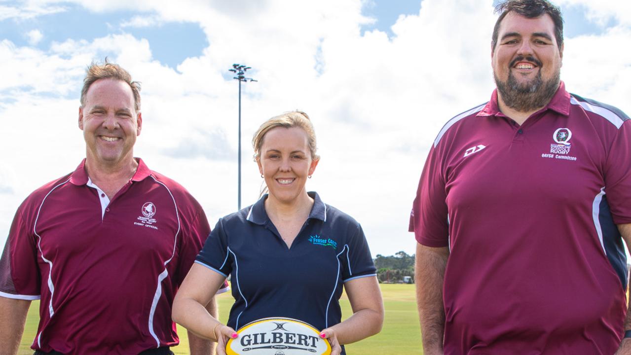 15/05/2023 - Event organiser Dave Robinson, councillor Jade Wellings, and Andrew Rye from Queensland Rugby Football School Union Wide Bay are ready for the inaugural state championships for Girls Schools Rugby 7s. Picture: supplied