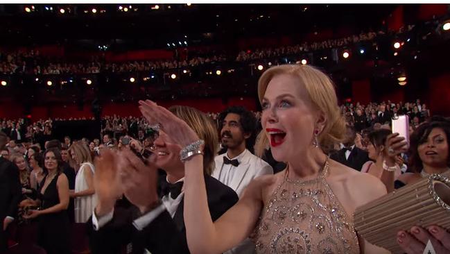 Nicole Kidman can't contain her shock as the cast and crew of Moonlight take to the stage.