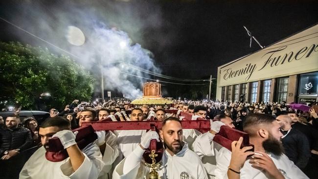 Thousands of Maronite Catholics joined the 1km street procession to St Charbel’s church.Picture: Giovanni Portelli Photography