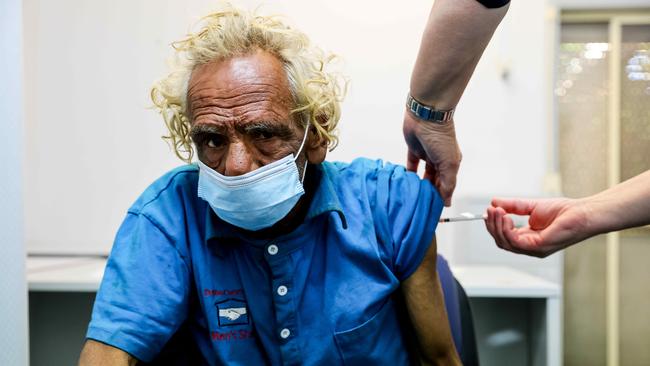 ‘Riverbank’ Frank Doolan gets his vaccine at Manera Heights medical centre in Dubbo, western NSW, on Tuesday. Picture: Ryan Osland