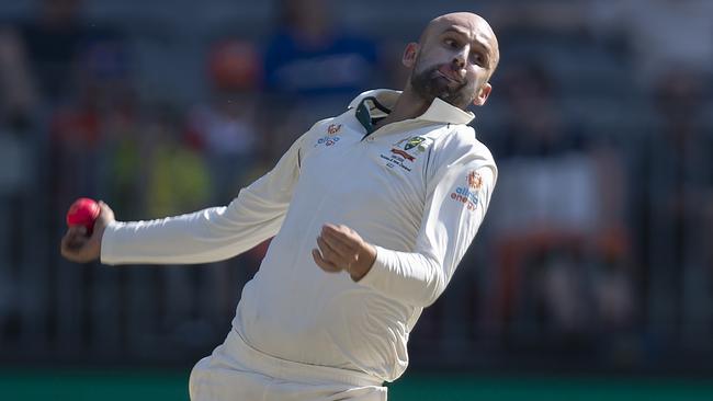 Australian offspinner Nathan Lyon bowls on day 4 of the first Test against New Zealand in Perth. Picture: AAP