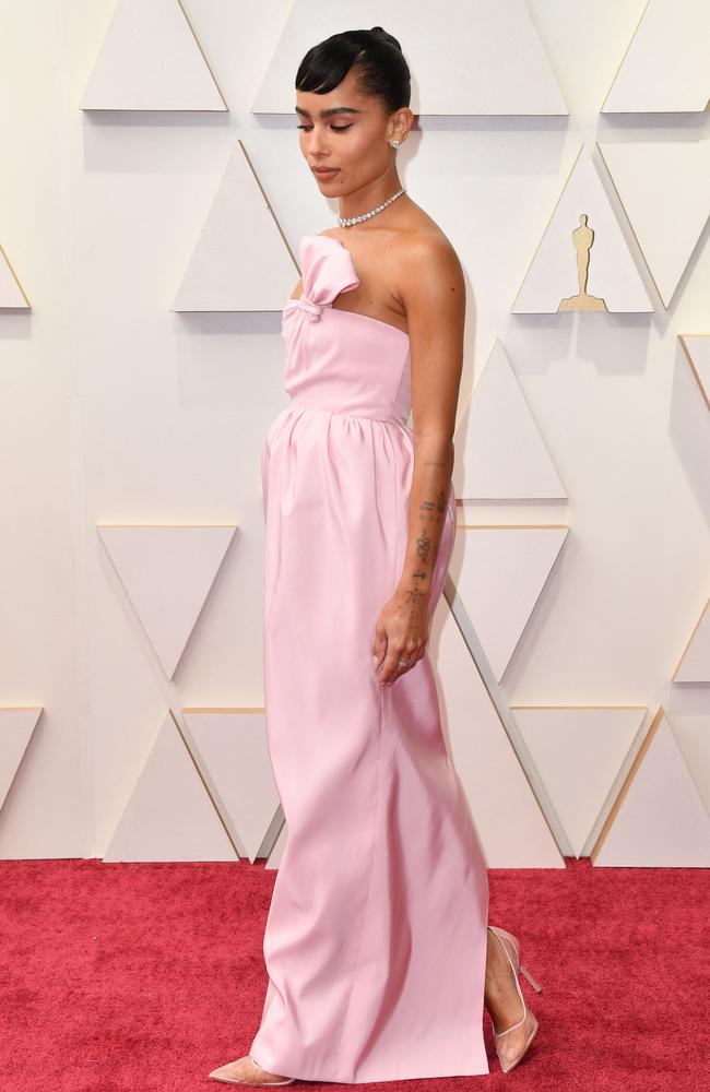 Zoe Kravitz posted a pic of her Oscars outfit – but also made sure fans knew where she stood on the night’s biggest story. Picture: AFP