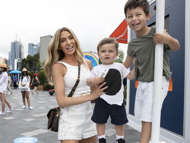 Nadia Bartel with sons Aston and Henley at Australian Open. Picture: Fiona Hamilton/Tennis Australia