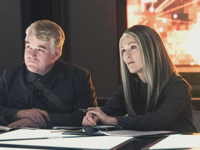 Philip Seymour Hoffman and Julianne Moore in a scene from the next Hunger Games film.