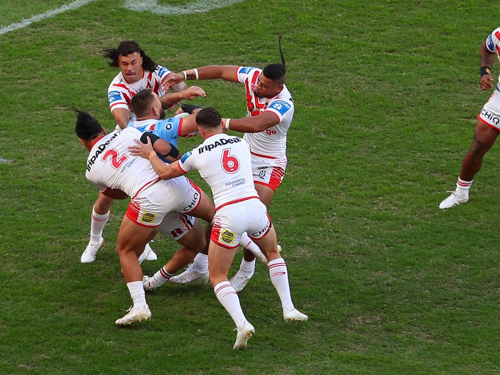 Mosese Suli is hit hard and ruled out of the game off the very first hit-up of the match. Picture: NRL Photos