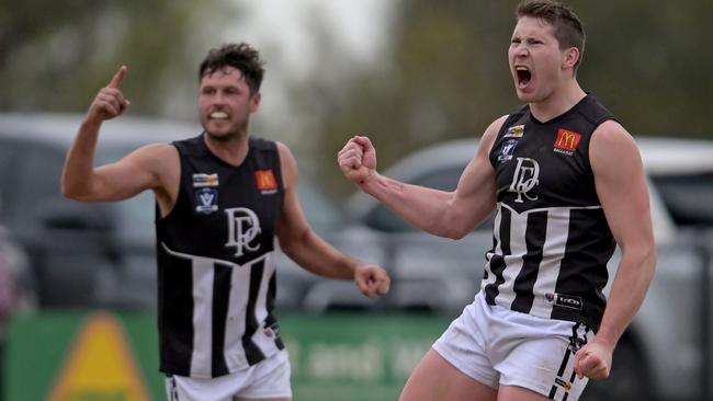 Darley’s Billy Myers celebrates kicking a goal during the match against Melton. Despite facing adversities the team has been the team to beat in Ballarat. Picture: Andy Brownbill