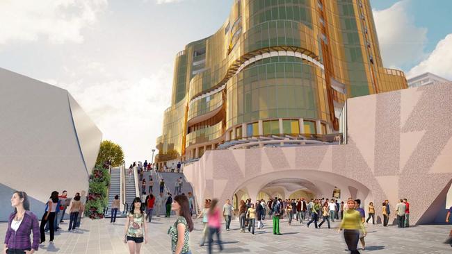 An artist’s impression of Adelaide Railway Station’s northern entrance, connecting to the Riverbank footbridge and Festival Plaza via dual escalators.