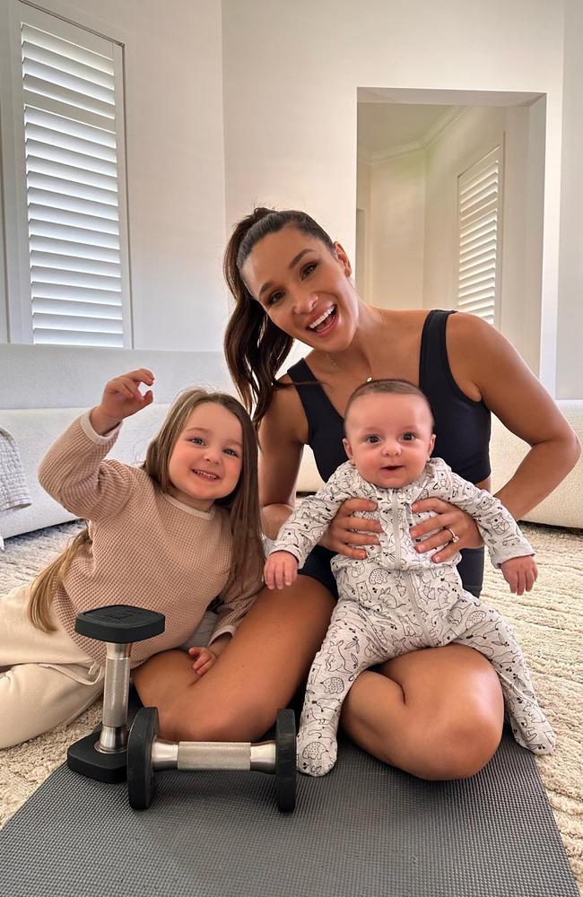 Kayla Itsines with children Arna and Jax. Picture: @kayla_itsines