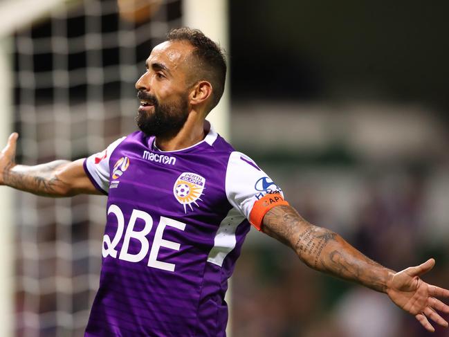 PERTH, AUSTRALIA - FEBRUARY 16: Diego Castro of the Glory celebrates after scoring their fourth goal during the round 19 A-League match between the Perth Glory and the Brisbane Roar at HBF Park on February 16, 2019 in Perth, Australia. (Photo by Scott Barbour/Getty Images)