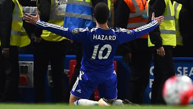 Chelsea's Belgian midfielder Eden Hazard celebrates scoring their second goal.