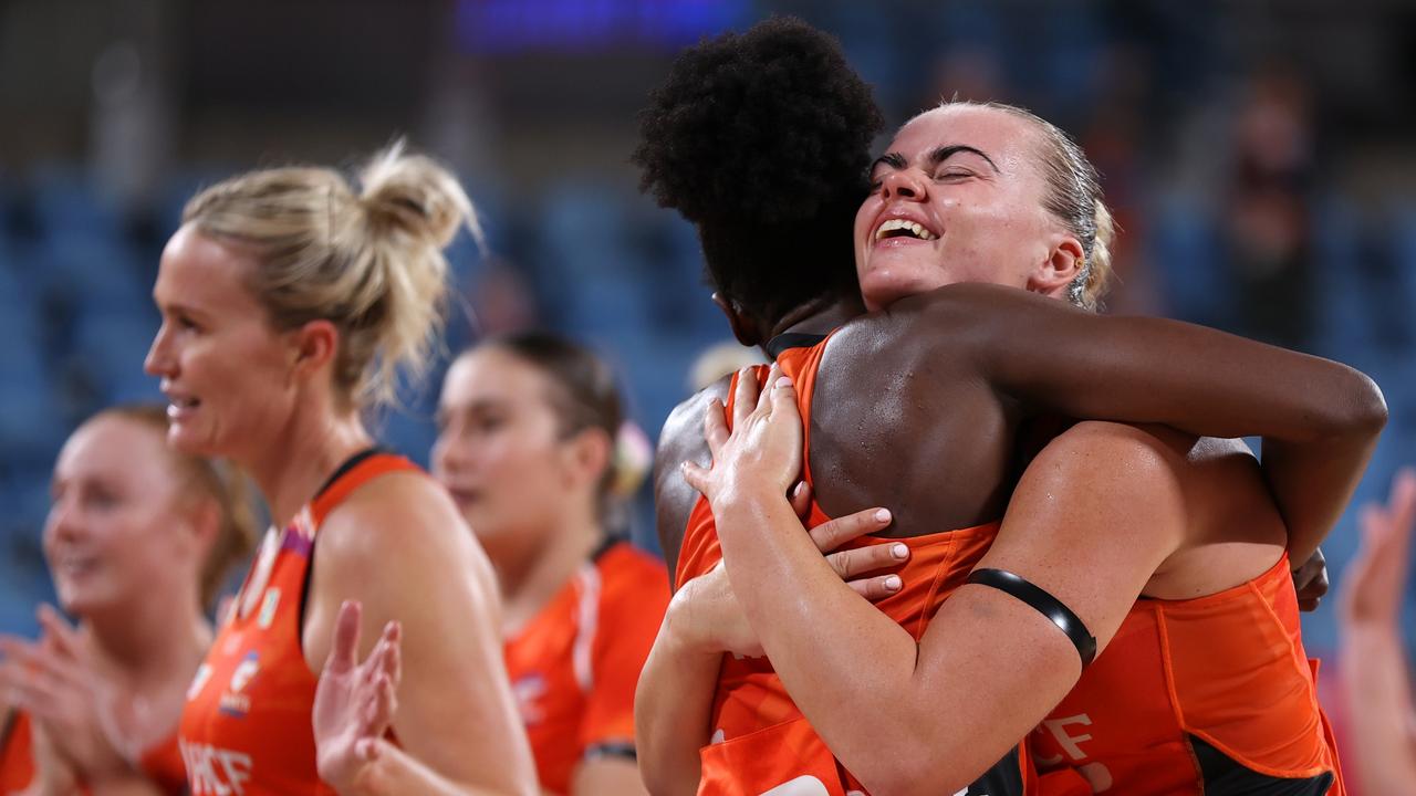 Matilda McDonell and Jodi-Ann Ward of the GIANTS celebrate victory. (Photo by Jason McCawley/Getty Images)