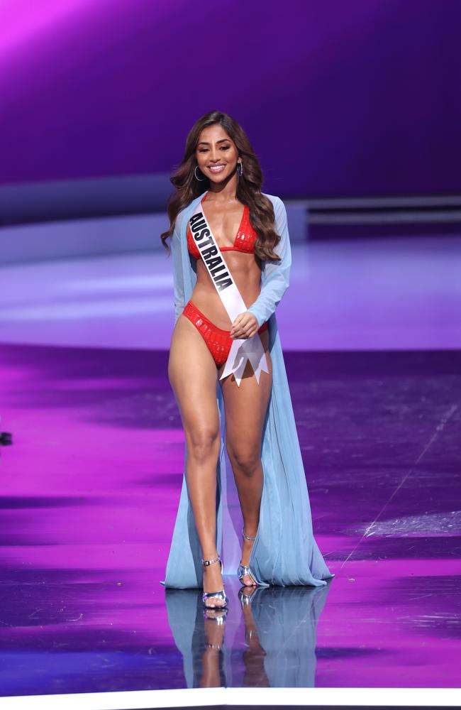 Maria looked stunning in a Ema Savahl Couture red bikini as she was announced in the Top 10. Picture: Rodrigo Varela/Getty Images