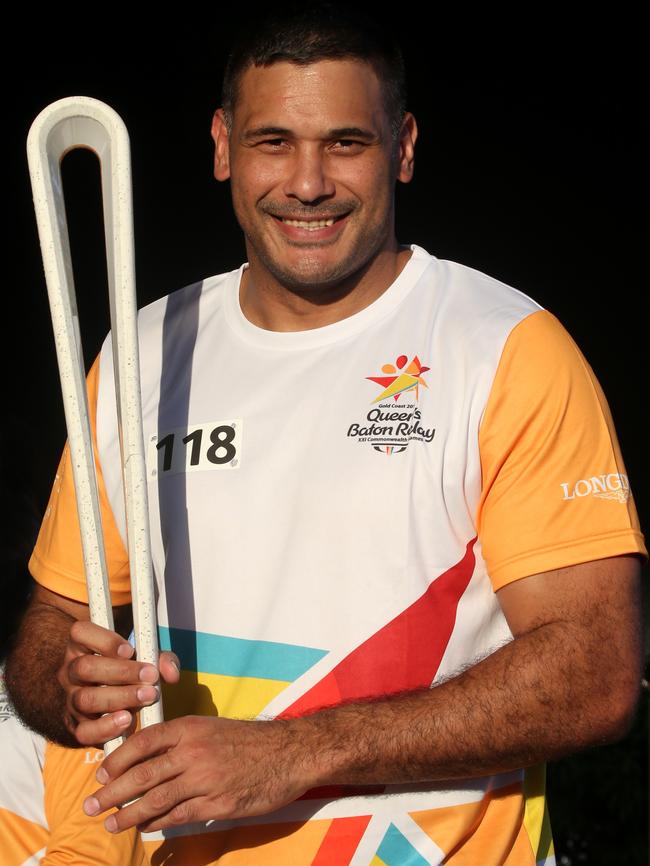 Former Bronco player Justin Hodges was part of the Queen’s Baton Relay in Cairns. Picture: Anna Rogers