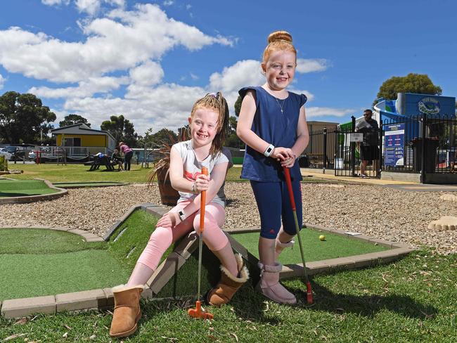 Sisters Kaye and Charlee having fun at G'Day Caravan Park at Victor Harbor. Picture: Tom Huntley