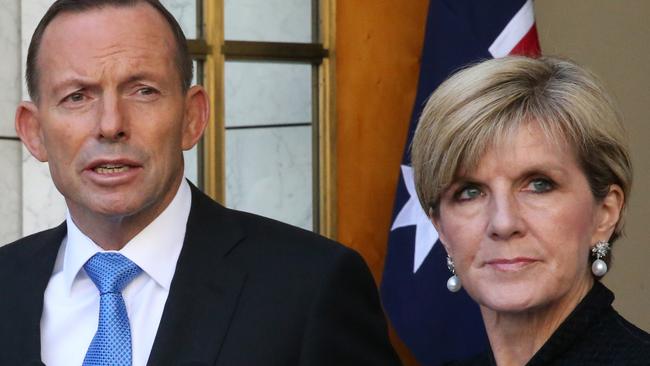 Liberal MPs Tony Abbott and Julie Bishop. Picture: Ray Strange