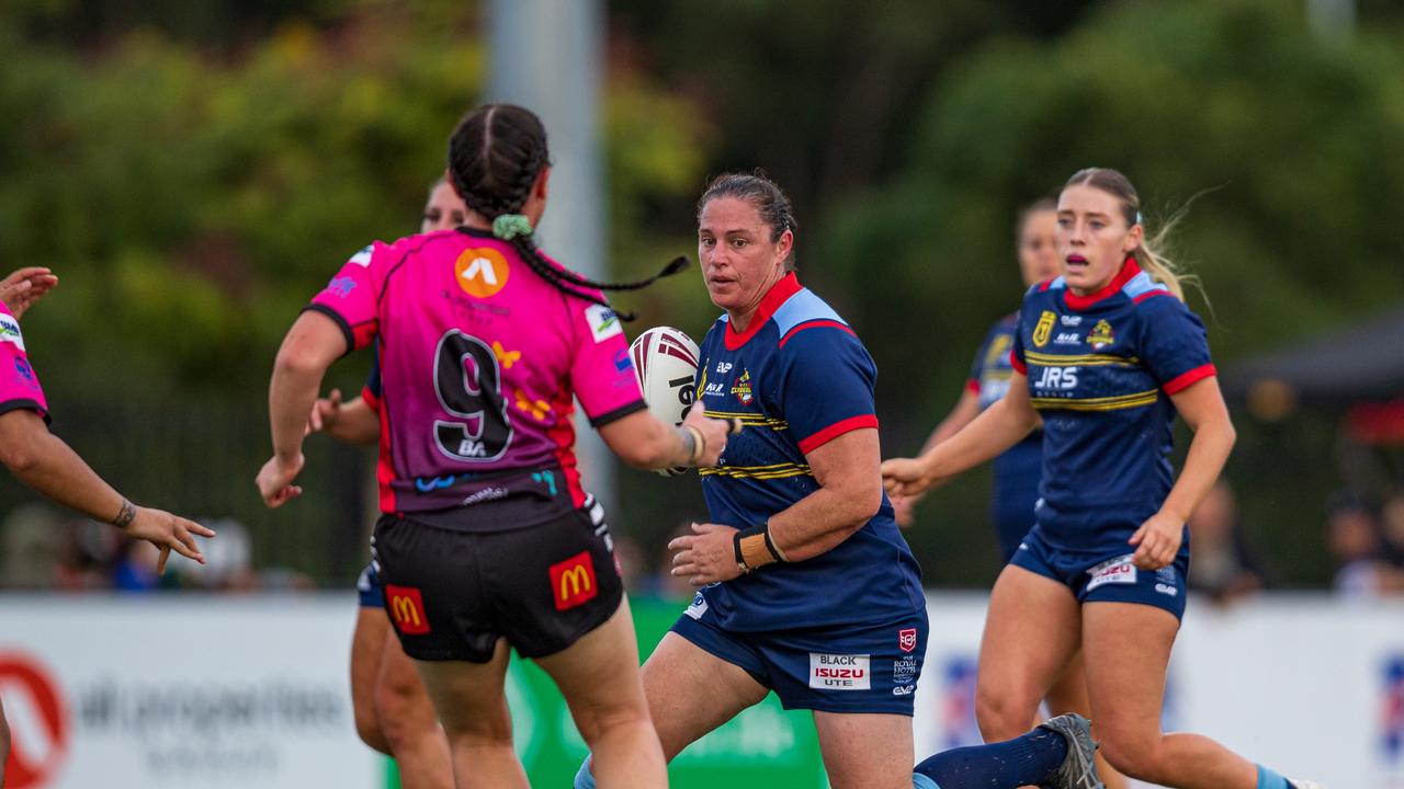 Western Clydesdales forward Steph Hancock takes on the Souths Logan Magpies line. Picture: Ben Hassum Photography