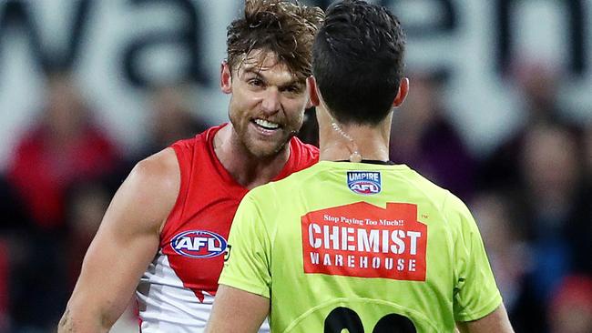 Dane Rampe was fined for climbing a goalpost against Essendon. Picture: Phil Hillyard