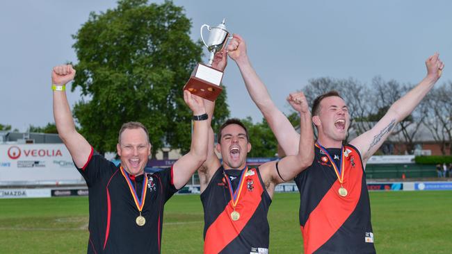 Maschotts with Chad Schoenmakers and Blake Penney. Gullies have the chance to make their first div one grand final since 2018 with a win over PAOC on Saturday. Picture: Brenton Edwards