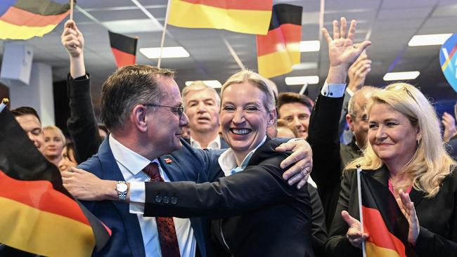 AfD’s Alice Weidel (centre, with co-leader Tino Chrupalla) has predicted that a Merz government will be short-lived. Picture: AFP